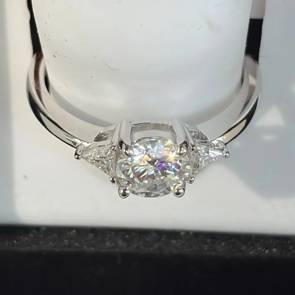 Moissanite 3 Stone Ring w/ Trillion Accents 925 Sterling Silver Size 7 NIB